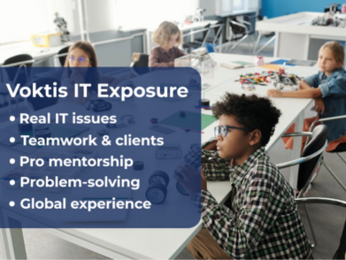 Educational image showing children and features of the Voktis IT exposure programme.